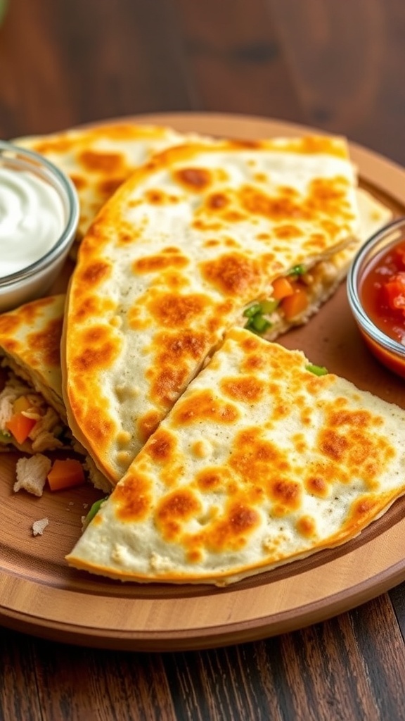 Cheesy chicken quesadilla cut into wedges with sour cream and salsa on a wooden plate.